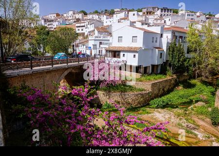 Les véhicules traversent un petit pont de pierre traversant la rivière Rio Trejo menant au centre du village dans l'unique pueblos blanco de Setenil de las Bodegas, Espagne. Les habitants du petit village de Setenil vivent dans des maisons de grottes depuis l'époque néolithique. Banque D'Images