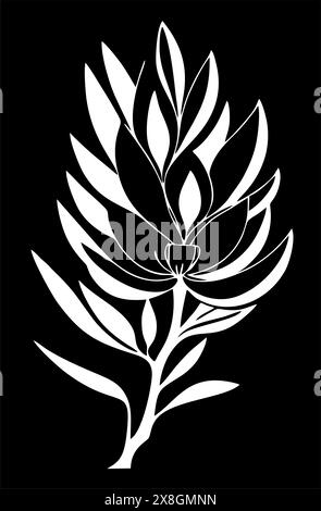 Dessin graphique blanc simple de fleur de magnoli sur fond noir, logo Banque D'Images