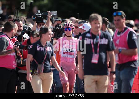 25 mai 2024, Bassano del Grappa, Italie ; UCI Tour of Italy Giro d'Italia Road Cycling Race, étape 20 Alpago à Bassano del Grappa ; Tadej Pogacar (SLO) UAE Team Emirates garde son maillot rose de leader avant la dernière étape à Rome. Banque D'Images