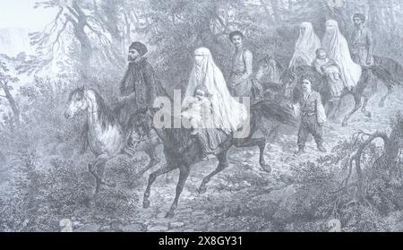 Une famille itinérante de Tatars de Crimée près de Yalta en Crimée. Gravure d'Auguste Raffet du XIXe siècle. Banque D'Images