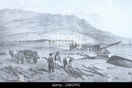 Vue sur la ville et la baie de Yalta en Crimée. Gravure d'Auguste Raffet du XIXe siècle. Banque D'Images