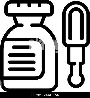 Icône de ligne noire représentant un flacon de médicament et un thermomètre pour les concepts de soins de santé Illustration de Vecteur