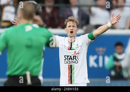 Leuven, Belgique. 25 mai 2024. Joren Dom de l'OHL réagit lors d'un match de football entre Oud-Heverlee Leuven et KVC Westerlo, samedi 25 mai 2024 à Leuven, le jour 10 (sur 10), dernier jour des Play-offs Europe de la première division 'Jupiler Pro League' 2023-2024 du championnat belge. BELGA PHOTO BRUNO FAHY crédit : Belga News Agency/Alamy Live News Banque D'Images