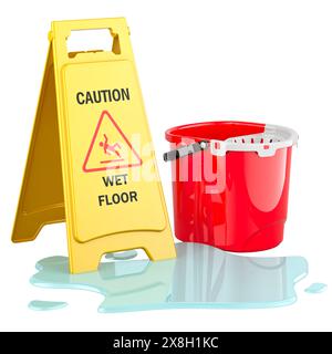 Flaque d'eau avec seau en plastique et avertissement Wet Floor Sign, rendu 3D isolé sur fond blanc Banque D'Images