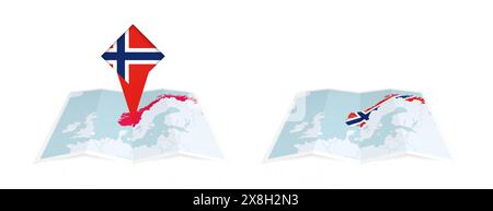 Deux versions d'une carte pliée de Norvège, l'une avec un drapeau de pays épinglé et l'autre avec un drapeau dans le contour de la carte. Modèle pour la conception imprimée et en ligne Illustration de Vecteur