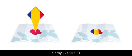 Deux versions d'une carte pliée de la Roumanie, l'une avec un drapeau de pays épinglé et l'autre avec un drapeau dans le contour de la carte. Modèle pour les desig. Imprimés et en ligne Illustration de Vecteur