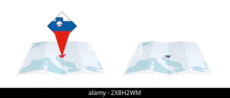 Deux versions d'une carte pliée de Slovénie, l'une avec un drapeau de pays épinglé et l'autre avec un drapeau dans le contour de la carte. Modèle pour les desi imprimés et en ligne Illustration de Vecteur