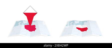 Deux versions d'une carte pliée de la Pologne, l'une avec un drapeau de pays épinglé et l'autre avec un drapeau dans le contour de la carte. Modèle pour la conception imprimée et en ligne Illustration de Vecteur