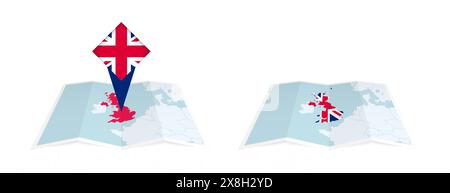 Deux versions d'une carte pliée du Royaume-Uni, l'une avec un drapeau de pays épinglé et l'autre avec un drapeau dans le contour de la carte. Modèle pour print et onlin Illustration de Vecteur