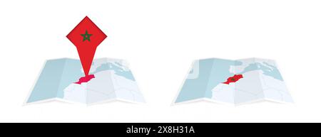 Deux versions d'une carte pliée du Maroc, l'une avec un drapeau de pays épinglé et l'autre avec un drapeau dans le contour de la carte. Modèle pour les desig. Imprimés et en ligne Illustration de Vecteur