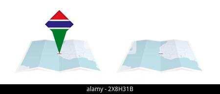 Deux versions d'une carte pliée de Gambie, l'une avec un drapeau de pays épinglé et l'autre avec un drapeau dans le contour de la carte. Modèle pour la conception imprimée et en ligne Illustration de Vecteur