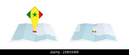 Deux versions d'une carte pliée du Sénégal, l'une avec un drapeau de pays épinglé et l'autre avec un drapeau dans le contour de la carte. Modèle pour les desig. Imprimés et en ligne Illustration de Vecteur