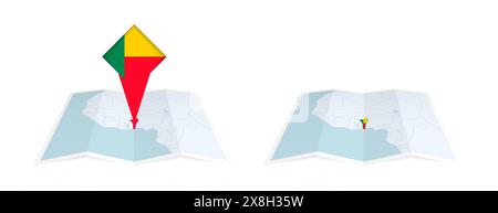 Deux versions d'une carte pliée du Bénin, l'une avec un drapeau de pays épinglé et l'autre avec un drapeau dans le contour de la carte. Modèle pour la conception imprimée et en ligne. Illustration de Vecteur