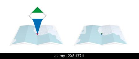 Deux versions d'une carte pliée de la Sierra Leone, l'une avec un drapeau de pays épinglé et l'autre avec un drapeau dans le contour de la carte. Modèle pour impression et en ligne Illustration de Vecteur