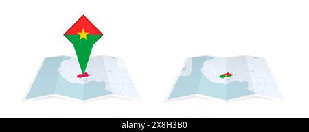 Deux versions d'une carte pliée du Burkina Faso, l'une avec un drapeau de pays épinglé et l'autre avec un drapeau dans le contour de la carte. Modèle pour impression et en ligne Illustration de Vecteur