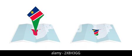 Deux versions d'une carte pliée de Namibie, l'une avec un drapeau de pays épinglé et l'autre avec un drapeau dans le contour de la carte. Modèle pour les desig. Imprimés et en ligne Illustration de Vecteur