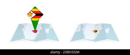 Deux versions d'une carte pliée du Zimbabwe, l'une avec un drapeau de pays épinglé et l'autre avec un drapeau dans le contour de la carte. Modèle pour les desi imprimés et en ligne Illustration de Vecteur