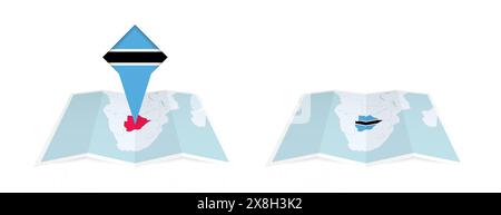 Deux versions d'une carte pliée du Botswana, l'une avec un drapeau de pays épinglé et l'autre avec un drapeau dans le contour de la carte. Modèle pour les desi imprimés et en ligne Illustration de Vecteur