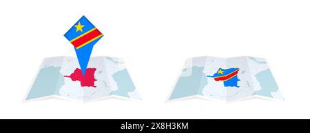 Deux versions d'une carte pliée de la RD Congo, l'une avec un drapeau de pays épinglé et l'autre avec un drapeau dans le contour de la carte. Modèle pour les desi imprimés et en ligne Illustration de Vecteur