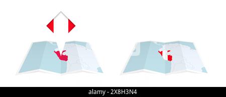 Deux versions d'une carte pliée du Pérou, l'une avec un drapeau de pays épinglé et l'autre avec un drapeau dans le contour de la carte. Modèle pour la conception imprimée et en ligne. Illustration de Vecteur