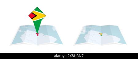 Deux versions d'une carte pliée du Guyana, l'une avec un drapeau de pays épinglé et l'autre avec un drapeau dans le contour de la carte. Modèle pour la conception imprimée et en ligne Illustration de Vecteur