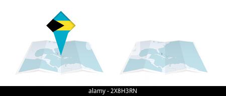 Deux versions d'une carte pliée des Bahamas, l'une avec un drapeau de pays épinglé et l'autre avec un drapeau dans le contour de la carte. Modèle pour impression et en ligne d Illustration de Vecteur