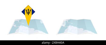 Deux versions d'une carte pliée de la Barbade, l'une avec un drapeau de pays épinglé et l'autre avec un drapeau dans le contour de la carte. Modèle pour les desi imprimés et en ligne Illustration de Vecteur