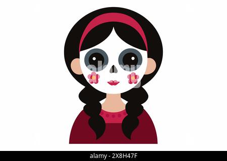 Fille au maquillage Day of the Dead. Enfant avec de la peinture de visage de crâne de sucre. Isolé sur fond blanc. Concept de Dia de los Muertos, tradition culturelle mexicaine, festival, célébration, Halloween Illustration de Vecteur