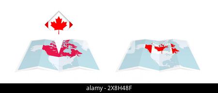 Deux versions d'une carte pliée du Canada, l'une avec un drapeau de pays épinglé et l'autre avec un drapeau dans le contour de la carte. Modèle pour la conception imprimée et en ligne Illustration de Vecteur