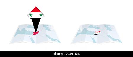 Deux versions d'une carte pliée de la Syrie, l'une avec un drapeau de pays épinglé et l'autre avec un drapeau dans le contour de la carte. Modèle pour la conception imprimée et en ligne. Illustration de Vecteur