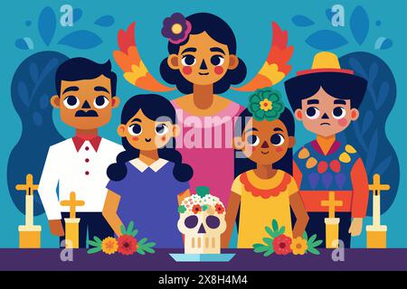 Famille célébrant le jour des morts avec un autel et un crâne. Concept de Dia de los Muertos, tradition familiale, célébration culturelle, tradition mexicaine, Halloween Illustration de Vecteur