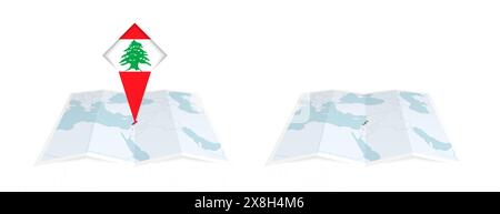 Deux versions d'une carte pliée du Liban, l'une avec un drapeau de pays épinglé et l'autre avec un drapeau dans le contour de la carte. Modèle pour les desig. Imprimés et en ligne Illustration de Vecteur