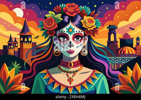 Femme avec Day of the Dead maquillage sur le festival. Femelle avec peinture de visage de crâne de sucre et fleurs vibrantes. Concept de Dia de los Muertos, célébration culturelle, maquillage festif, Halloween, décor traditionnel Illustration de Vecteur