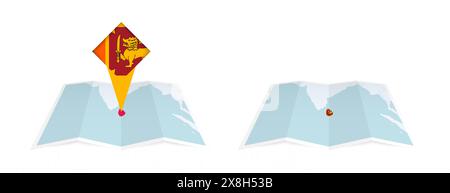 Deux versions d'une carte pliée du Sri Lanka, l'une avec un drapeau de pays épinglé et l'autre avec un drapeau dans le contour de la carte. Modèle pour les des imprimés et en ligne Illustration de Vecteur