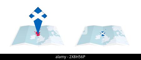 Deux versions d'une carte pliée de l'Écosse, l'une avec un drapeau de pays épinglé et l'autre avec un drapeau dans le contour de la carte. Modèle pour les desi imprimés et en ligne Illustration de Vecteur