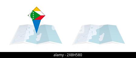 Deux versions d'une carte pliée des Comores, l'une avec un drapeau de pays épinglé et l'autre avec un drapeau dans le contour de la carte. Modèle pour les desig. Imprimés et en ligne Illustration de Vecteur