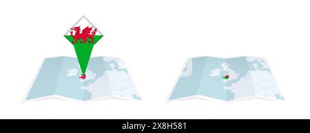 Deux versions d'une carte pliée du pays de Galles, l'une avec un drapeau de pays épinglé et l'autre avec un drapeau dans le contour de la carte. Modèle pour la conception imprimée et en ligne. Illustration de Vecteur