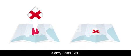 Deux versions d'une carte pliée de l'Alabama, l'une avec un drapeau de pays épinglé et l'autre avec un drapeau dans le contour de la carte. Modèle pour les desig. Imprimés et en ligne Illustration de Vecteur