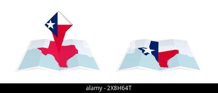 Deux versions d'une carte pliée du Texas, l'une avec un drapeau de pays épinglé et l'autre avec un drapeau dans le contour de la carte. Modèle pour la conception imprimée et en ligne. Illustration de Vecteur
