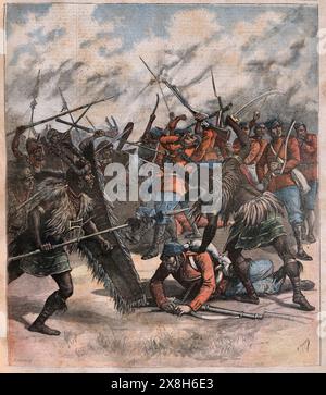 Bataille entre soldats impériaux britanniques et guerriers du Manipur pendant la guerre anglo-Manipur ou rébellion de Manipuri de 1891 Banque D'Images