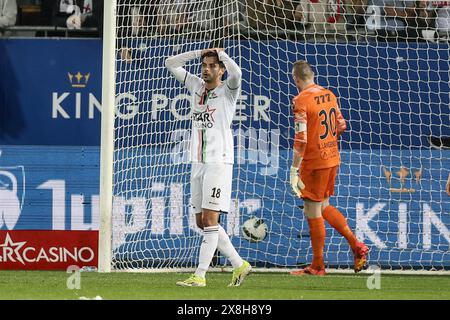 Leuven, Belgique. 25 mai 2024. Florian Miguel de l'OHL réagit lors d'un match de football entre Oud-Heverlee Leuven et KVC Westerlo, samedi 25 mai 2024 à Leuven, le jour 10 (sur 10), dernier jour des Play-offs Europe de la première division 'Jupiler Pro League' 2023-2024 du championnat belge. BELGA PHOTO BRUNO FAHY crédit : Belga News Agency/Alamy Live News Banque D'Images