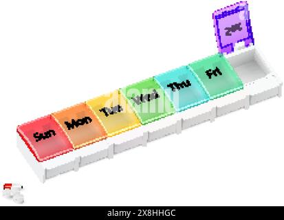 Illustration de l'organisateur de pharmacie en plastique pour les pilules pour chaque jour de la semaine sur blanc. Un distributeur hebdomadaire de médicaments a ouvert pour samedi Illustration de Vecteur