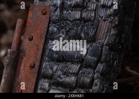 Conséquences de l'incendie. Surface de bois dur rayée brûlée. Traces de feu sur un bois. Gros plan. Mise au point sélective. Banque D'Images