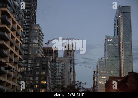 Le soir descend sur un paysage urbain animé - des gratte-ciel embrasés de vie - une grue solitaire se dresse au milieu des travaux en cours. Prise à Toronto Banque D'Images