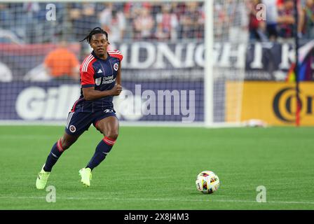 25 mai 2024 ; Foxborough, ma, États-Unis; L'attaquant de la Révolution de la Nouvelle-Angleterre DeJuan Jones (24 ans) en action lors du match en MLS entre le New York City FC et la Révolution de la Nouvelle-Angleterre. Anthony Nesmith/CSM Banque D'Images