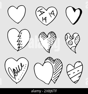 Doodle Hearts, collection de coeur d'amour dessinée à la main.illustration vectorielle. Illustration de Vecteur