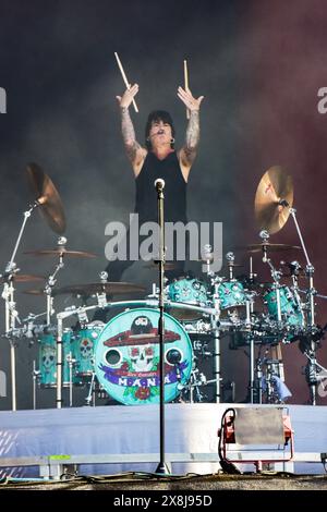 Napa, Californie, États-Unis. 25 mai 2024. Alex Gonzalez batteur du groupe de rock mexicain MANA se produisant sur scène au BottleRock 2024 Music Festival. Crédit : Ken Howard/Alamy Banque D'Images
