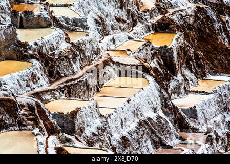 Détail des salines de montagne avec le blanc du sel et le brun de l'eau qui se transforme en sel avec évaporation au Pérou dans South Am Banque D'Images