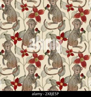 Singes mignons avec fleur dans leur pied et fleurs rouges, aquarelle décorative sans couture dessin à la main sur fond beige clair, pour l'impression sur tissu et papier Banque D'Images