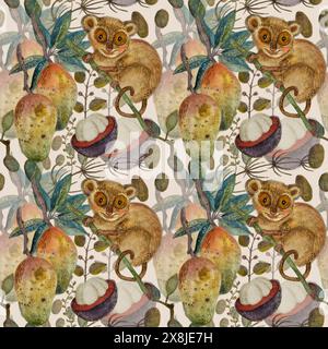 Motif aquarelle tropicale sans couture avec des animaux et des plantes asiatiques sur fond beige. Le motif a un tarsier mignon, des mangues juteuses, du mangoustan et des éléments végétaux. Dessiné à la main pour l'impression sur tissu et papier. Banque D'Images